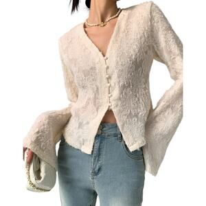 Commense Ivory Textured V-Neck Blouse XL NWT Long Sleeve Sheer Button Down